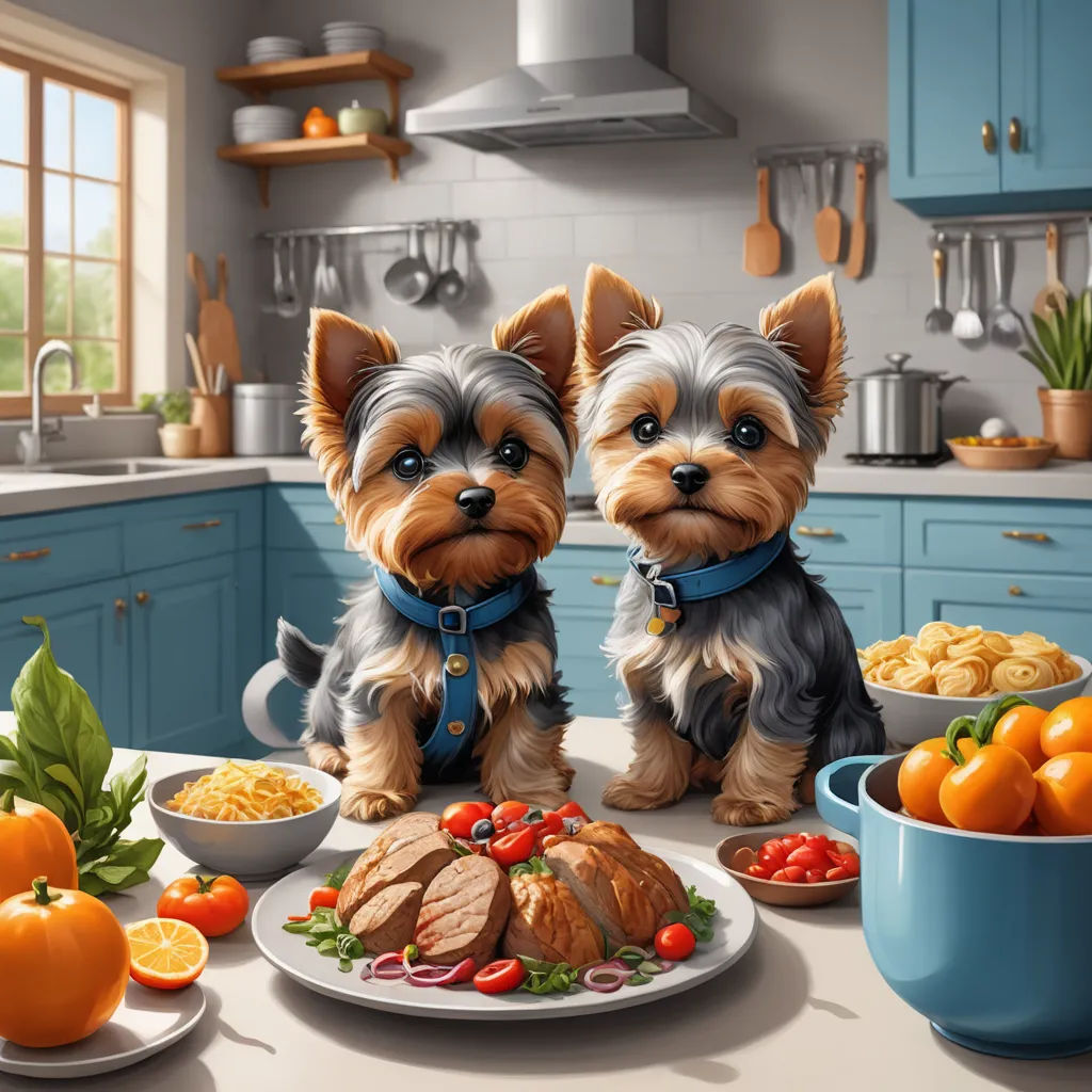 two dogs sitting on a kitchen counter with food in front of them and a bowl of oranges in the background, photorealism, a detailed painting, Chris LaBrooy, highly detailed digital painting