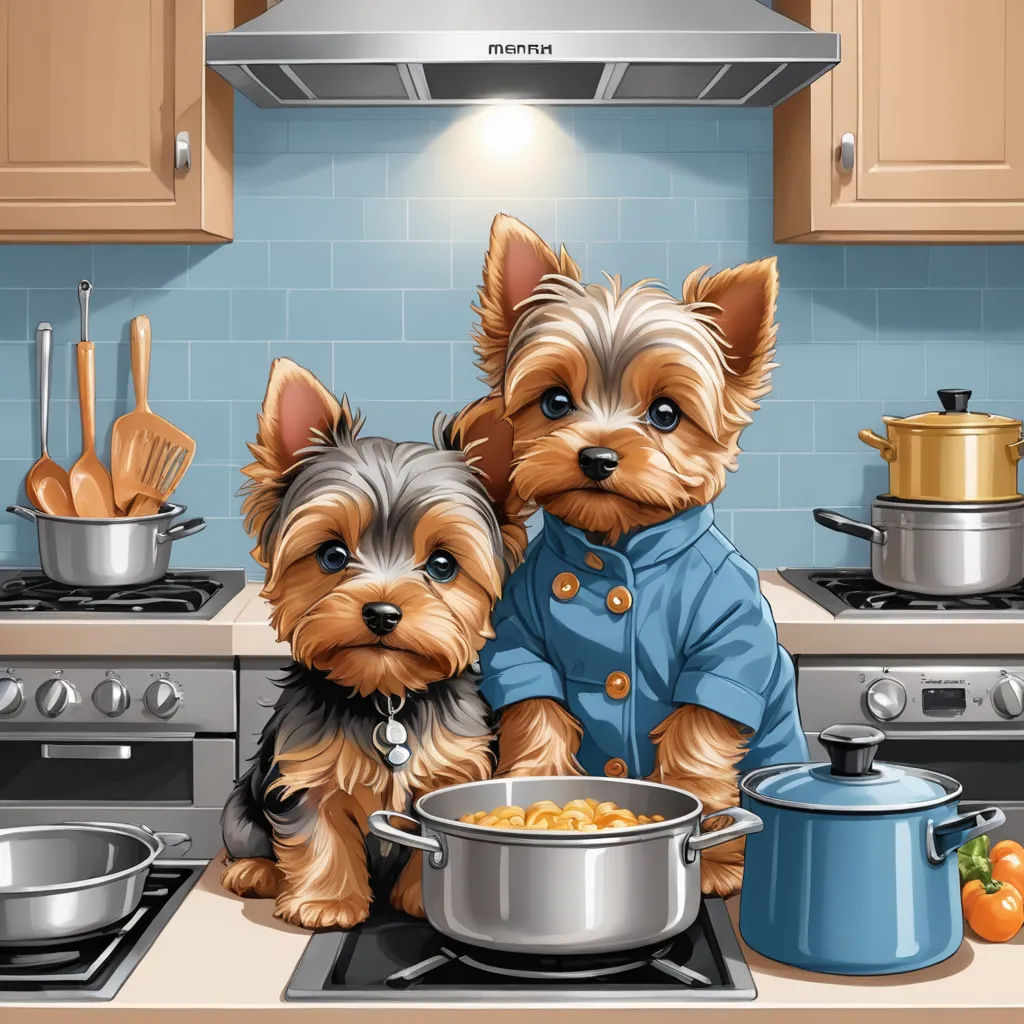 a couple of dogs sitting in a kitchen next to a pot of food and a pan of food on the stove, lyco art, a digital rendering, Anne Stokes, highly detailed digital painting