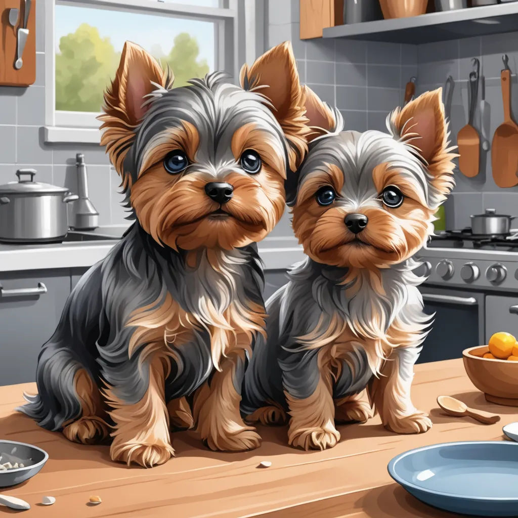 two dogs sitting on a kitchen counter next to a bowl of food and a plate of fruit on the counter, photorealism, a digital rendering, Chris Rallis, highly detailed digital painting
