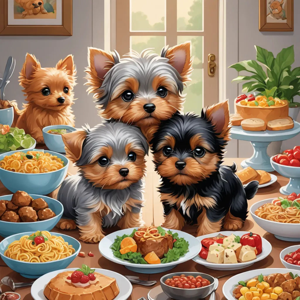 a painting of three dogs sitting in front of a table full of food and drinks, with bowls of food and plates of food, furry art, a storybook illustration, Anne Stokes, highly detailed digital painting