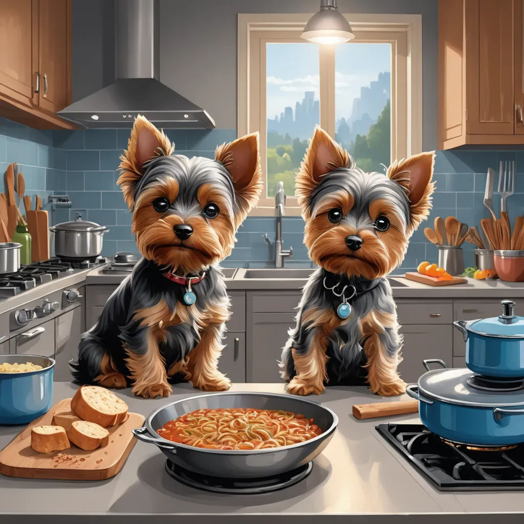 a painting of two dogs sitting on a kitchen counter top with a bowl of pasta and a pan of bread, photorealism, a storybook illustration, Chris Rallis, highly detailed digital painting