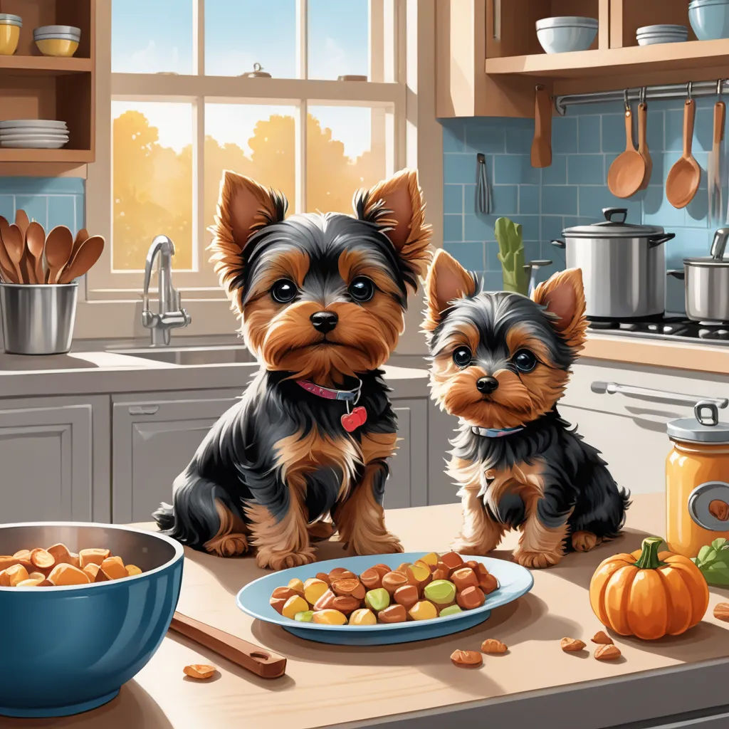 a painting of two dogs sitting on a kitchen counter with a bowl of food and a plate of food, american scene painting, a storybook illustration, Carol Sutton, highly detailed digital painting