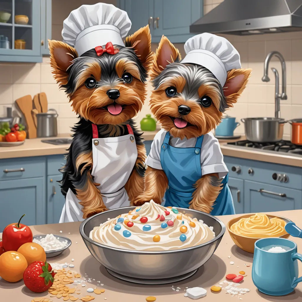 two dogs are standing in front of a cake on a table with a bowl of frosting and a mug, naive art, a digital rendering, Anne Stokes, highly detailed digital painting