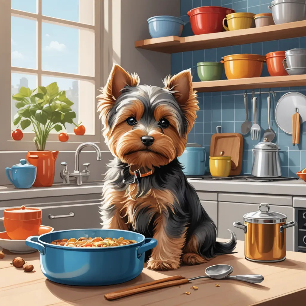 a dog sitting on a kitchen counter next to a bowl of food and a spoon and a pot of food, american scene painting, a storybook illustration, Chris LaBrooy, highly detailed digital painting