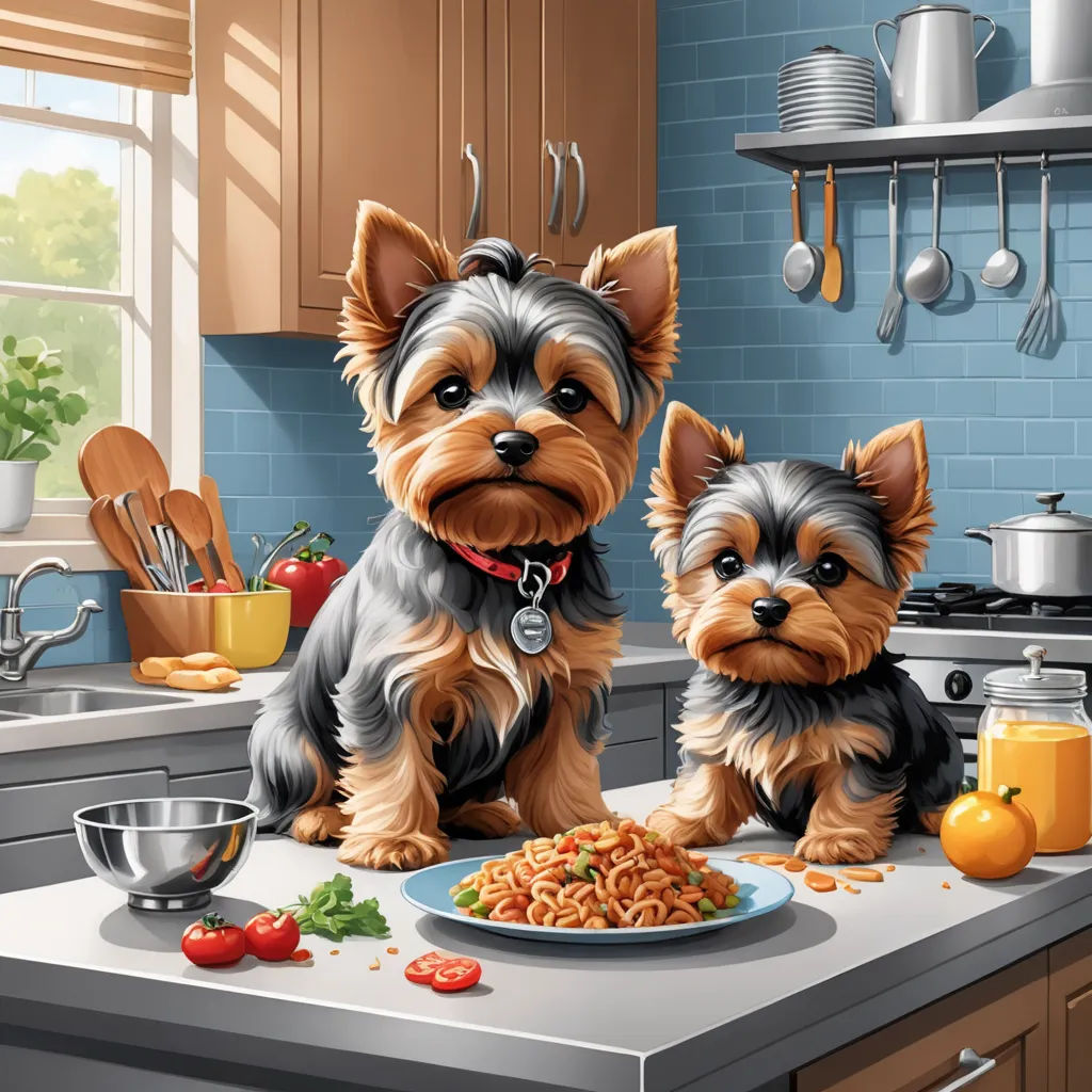 a painting of two dogs sitting on a kitchen counter with a plate of food in front of them and a bowl of pasta, photorealism, a storybook illustration, Chris Rallis, highly detailed digital painting