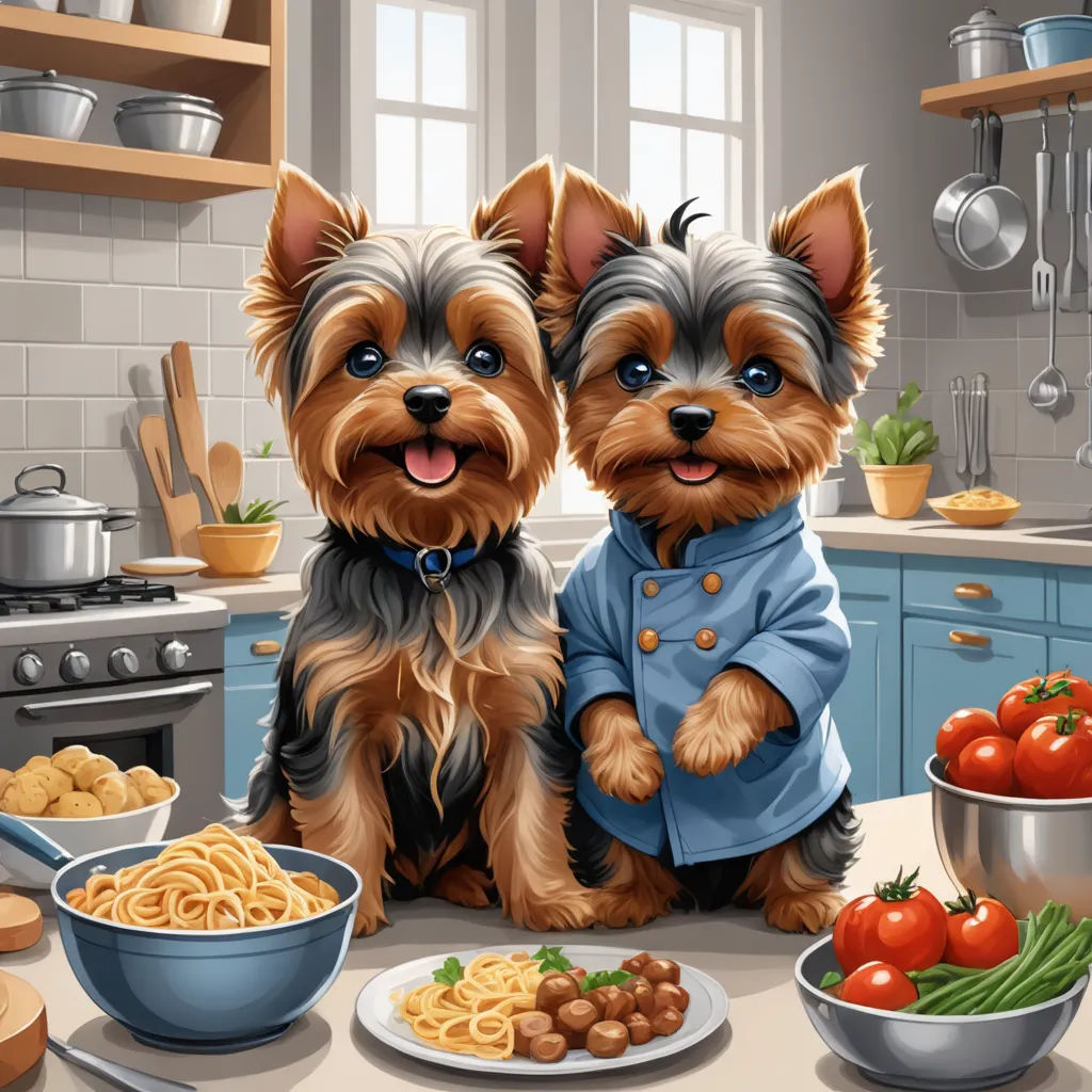 two dogs sitting on a kitchen counter with food in bowls and a bowl of pasta in front of them, lyco art, a storybook illustration, Art Brenner, highly detailed digital painting