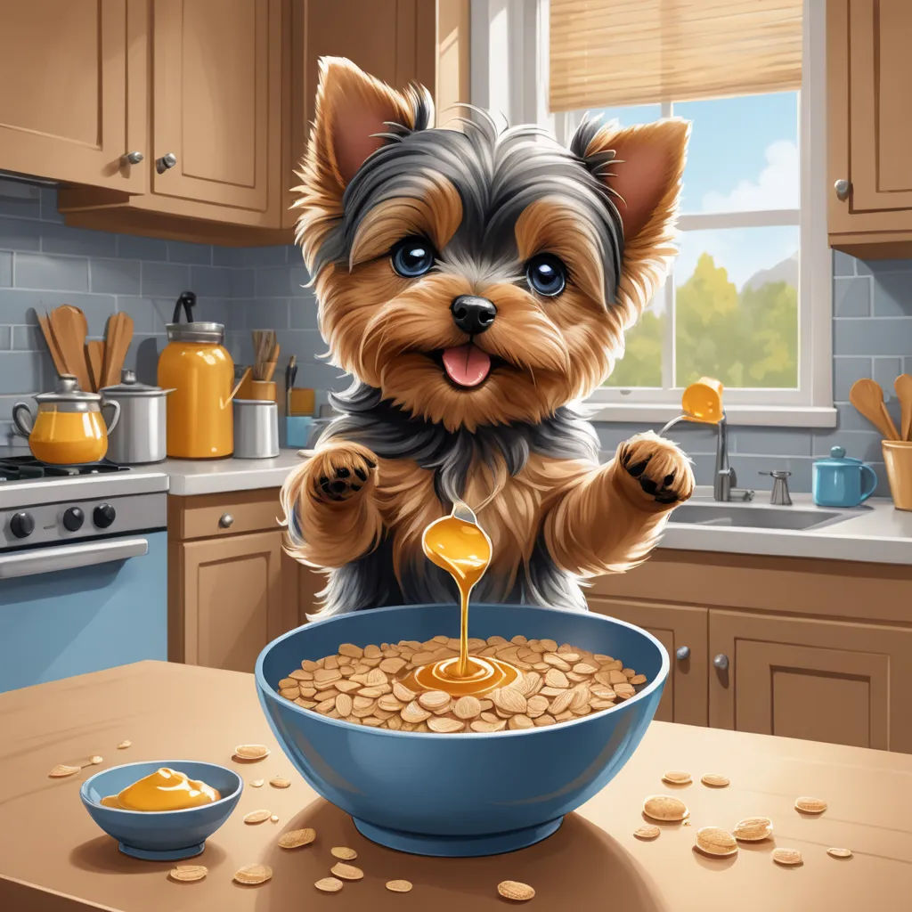 a dog is sitting in a bowl of cereal and a spoon is in the bowl and a bowl of peanut butter is in the bowl, furry art, a storybook illustration, Chris LaBrooy, highly detailed digital painting