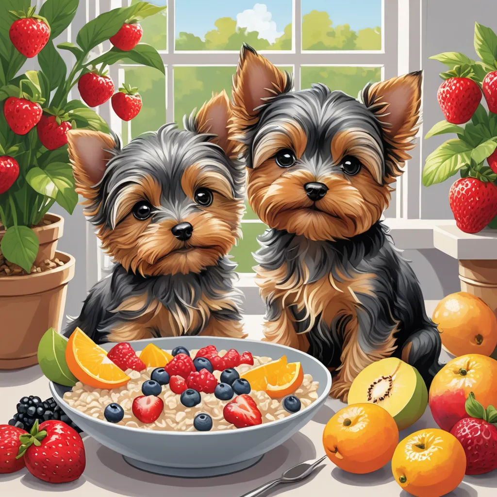 two dogs are sitting next to a bowl of cereal and fruit on a table with a potted plant, lyco art, a digital rendering, Art Brenner, highly detailed digital painting