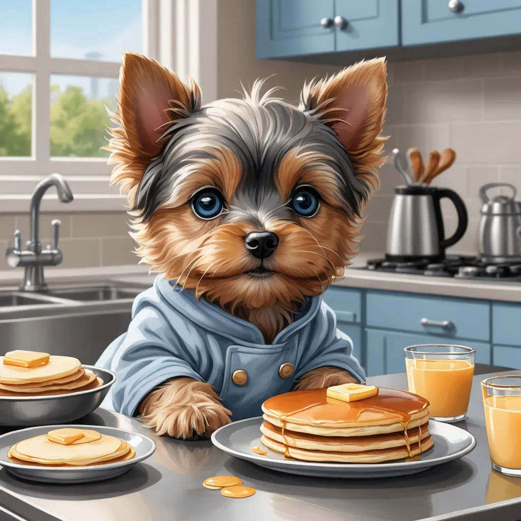 a dog sitting at a kitchen counter with pancakes and orange juice in front of him and a glass of orange juice in front of him, furry art, a detailed painting, Bob Byerley, highly detailed digital painting