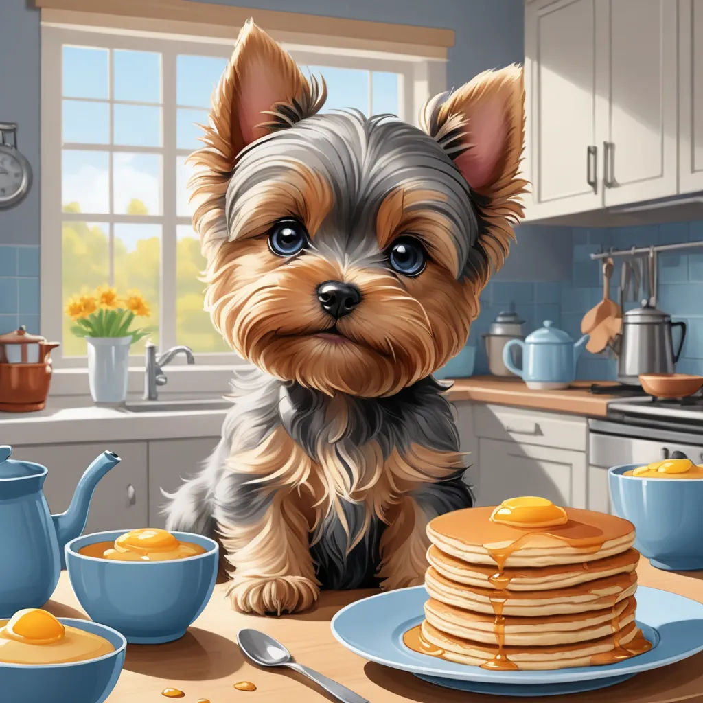 a dog sitting at a table with a stack of pancakes and a cup of coffee in front of it, furry art, a storybook illustration, Anne Stokes, highly detailed digital painting