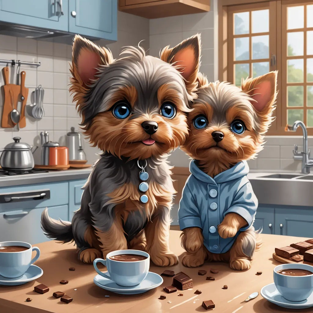 two dogs sitting on a kitchen counter next to a cup of coffee and a plate of chocolate chips on the table, furry art, a storybook illustration, Anne Stokes, highly detailed digital painting