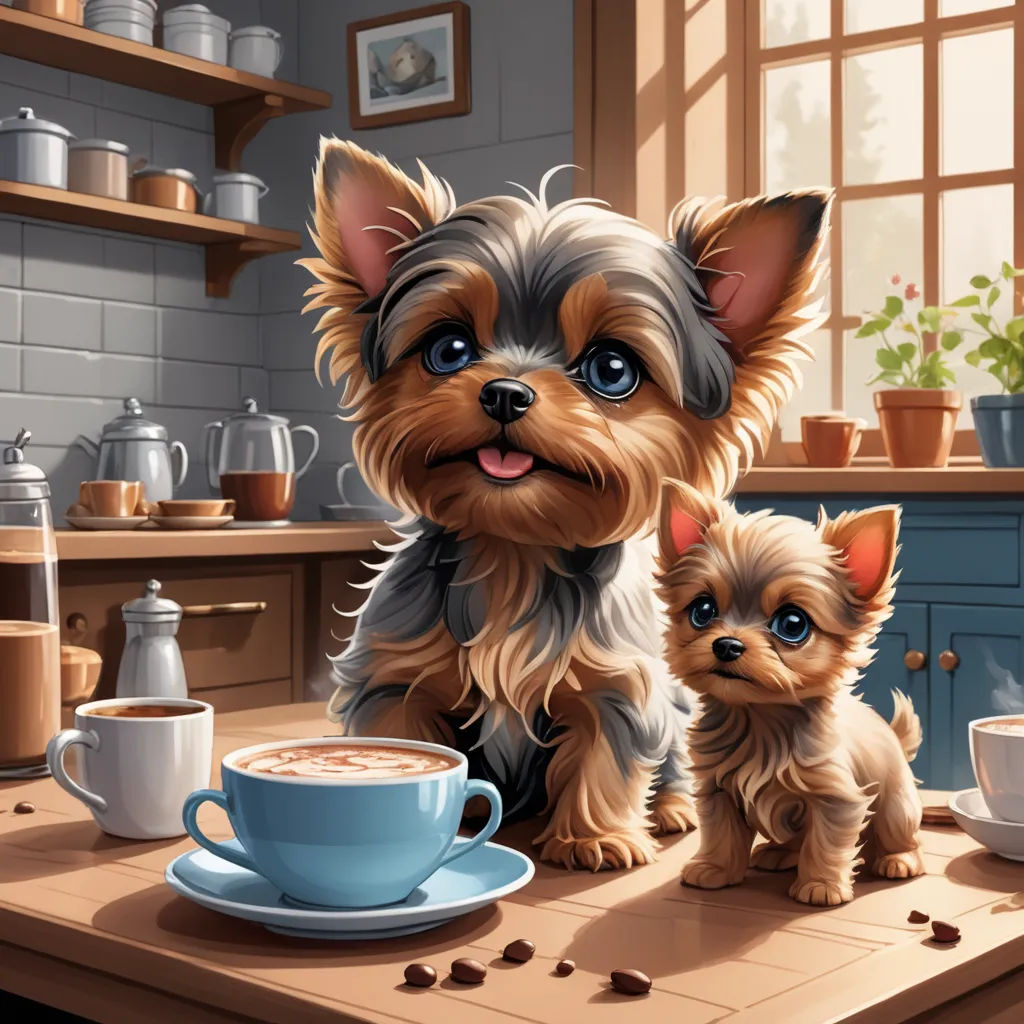 a dog and a puppy are sitting on a kitchen counter with a cup of coffee and a saucer, lyco art, a storybook illustration, Anne Stokes, highly detailed digital painting