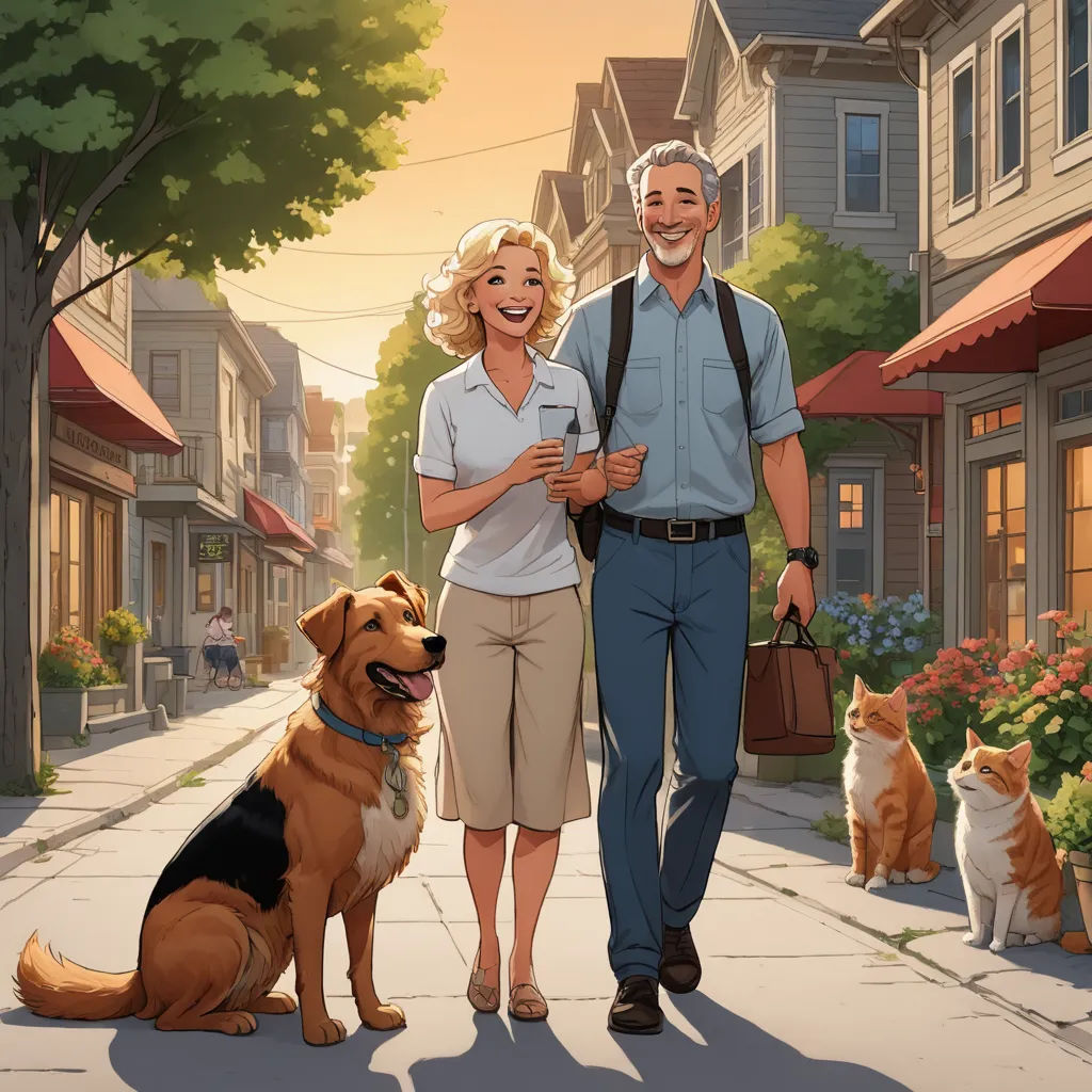 a man and woman walking down a street with a dog and cat on the sidewalk next to them and a cat sitting on the sidewalk, american scene painting, concept art, F. Scott Hess, official art