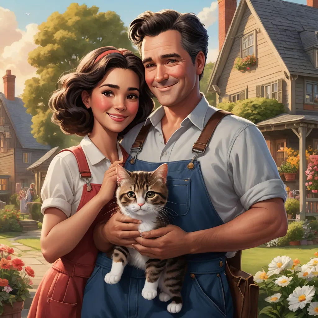 a man and woman holding a cat in front of a house with flowers and a flower garden in the background, american scene painting, a storybook illustration, F. Scott Hess, kinkade