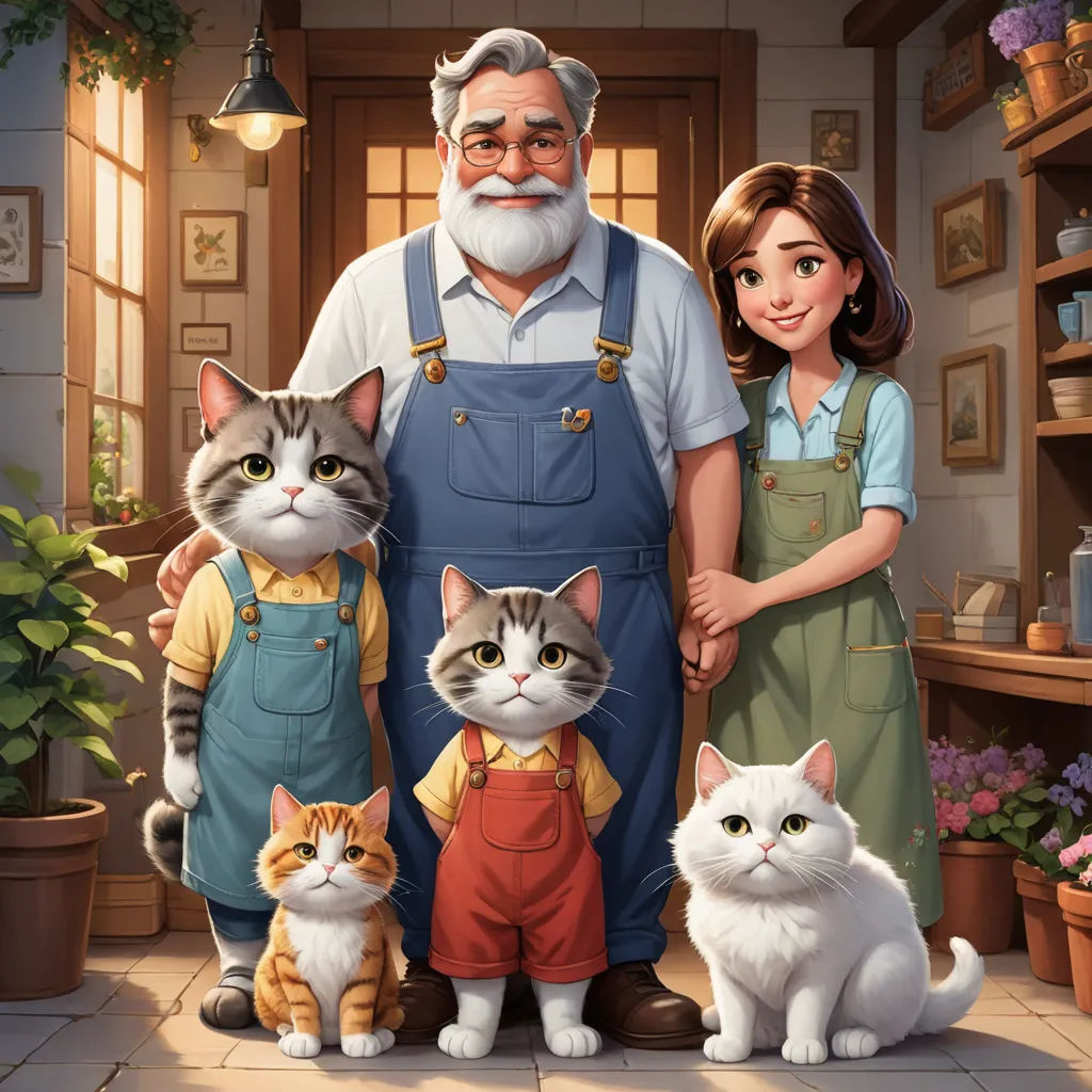 a painting of a man and two cats with a woman and a cat in the background and a cat in the foreground, sots art, a storybook illustration, Bob Byerley, official art