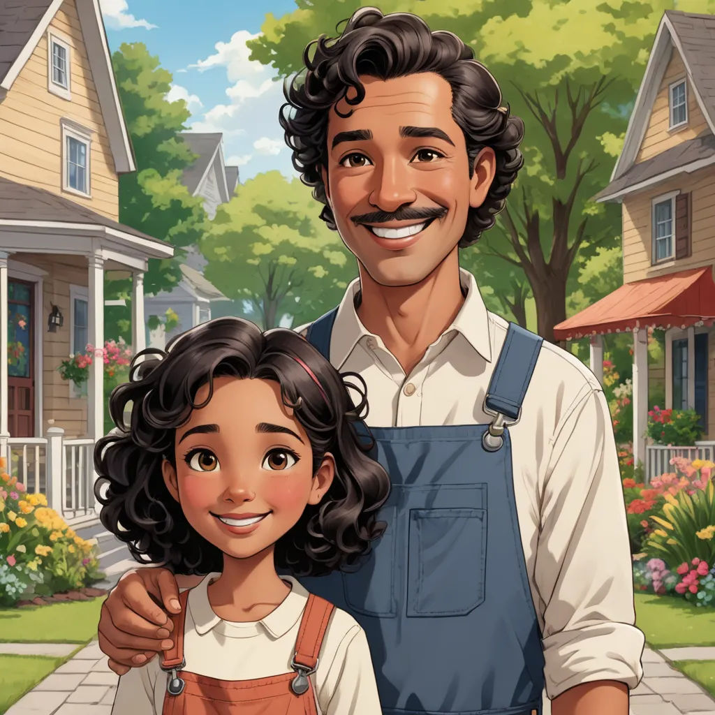 a man and a little girl standing in front of a house with a house in the background and a cartoon of a man and a girl, american scene painting, a storybook illustration, Americo Makk, official art