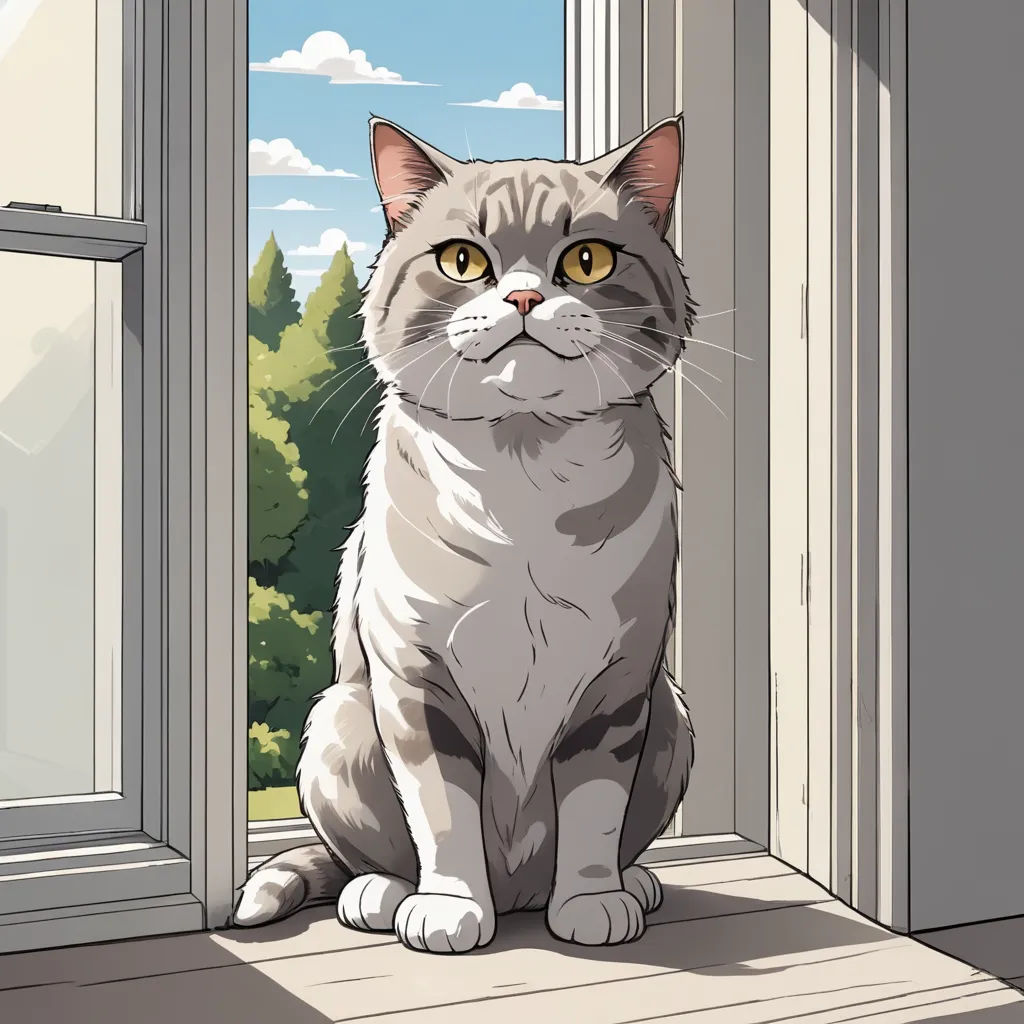 a cat sitting on a window sill looking out the window at the trees outside of the window and a blue sky, sots art, a storybook illustration, Felix Octavius Carr Darley, detailed illustration