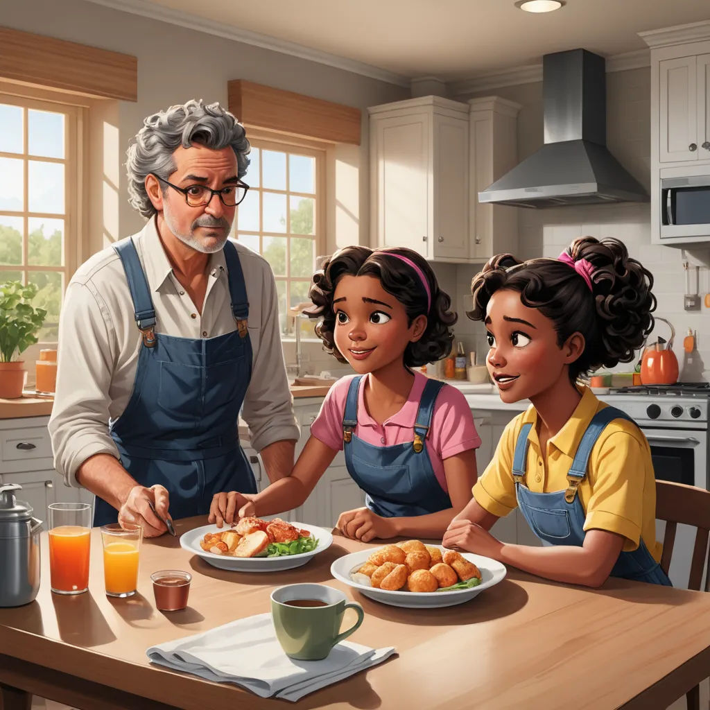 a man and two children are sitting at a table with food in front of them and a man is standing behind them, american scene painting, a storybook illustration, Bob Byerley, storybook illustration