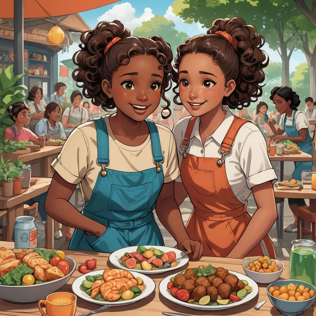two girls standing in front of a table full of food and drinks, with a woman in the background, afrofuturism, a storybook illustration, Bourgeois, comic cover art