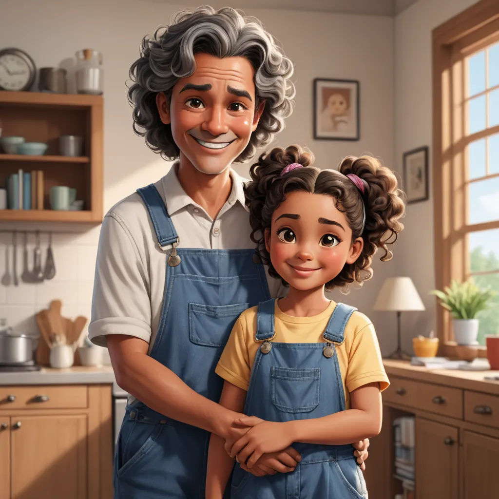a man and a little girl standing in a kitchen together, with a large smile on their face and a large smile on their face, photorealism, a storybook illustration, Eddie Mendoza, cgstudio