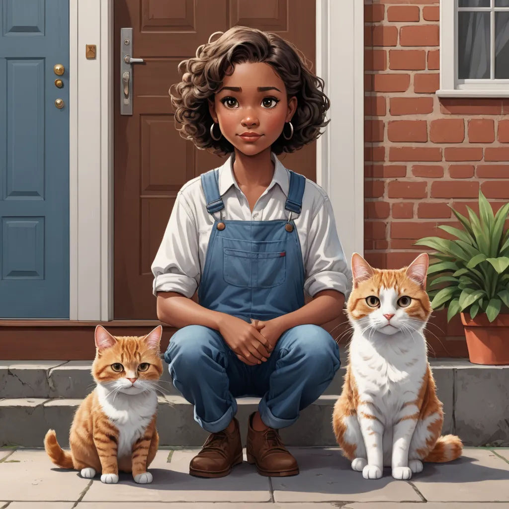 a painting of a woman sitting on a step with two cats in front of her and a potted plant, sots art, a character portrait, Constance Gordon-Cumming, key art