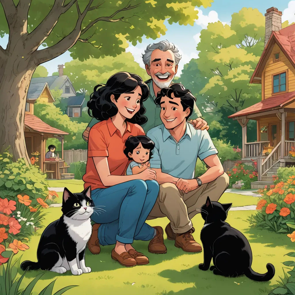 a family sitting on the grass with a cat and a dog in front of them and a house in the background, american scene painting, a storybook illustration, Everett Warner, official art