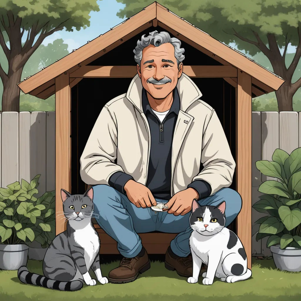 a man sitting in a dog house with two cats next to him and a cat sitting on the ground, furry art, a storybook illustration, Doug Ohlson, 2 d game art