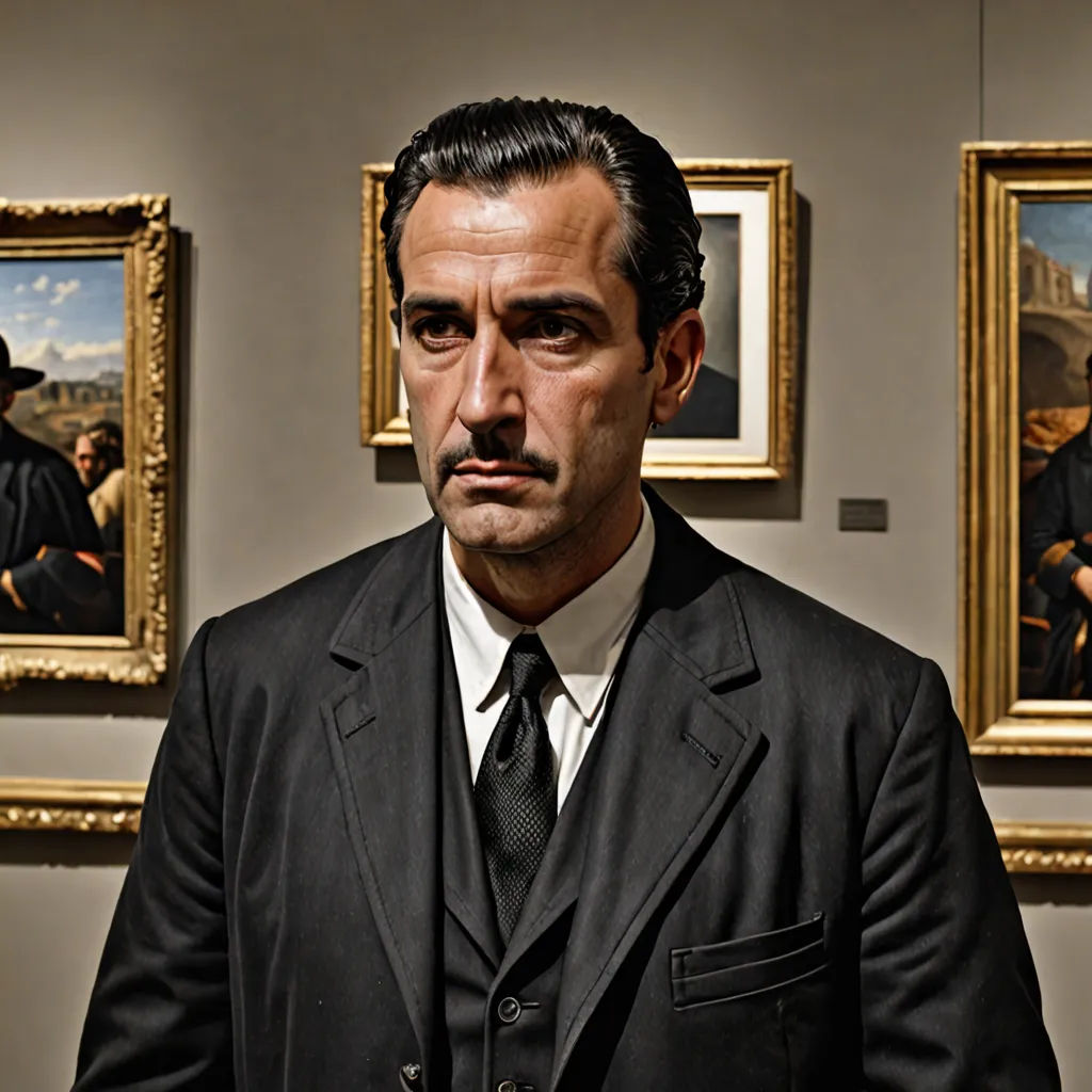 a man in a suit and tie standing in front of paintings of men in hats and gowns in a museum, Dino Valls, massurrealism, a photorealistic painting, promotional image
