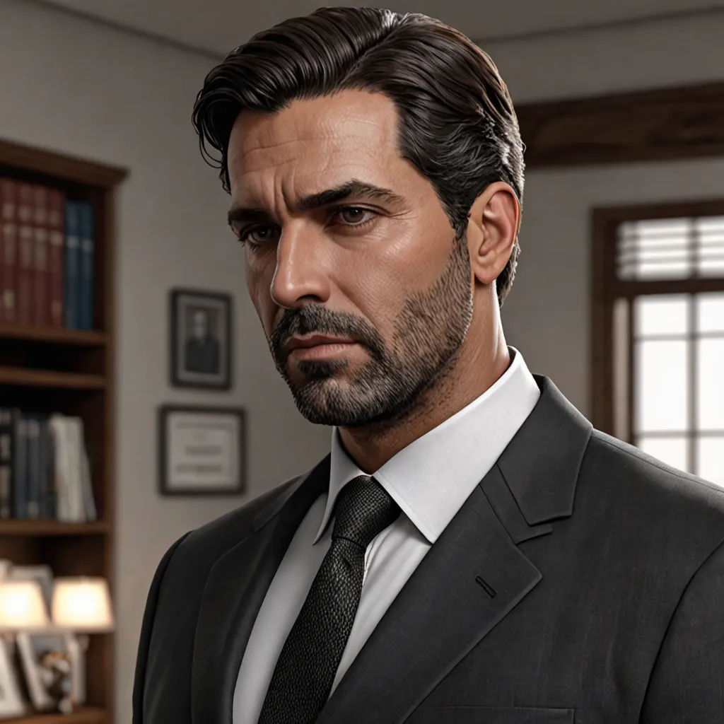 a man in a suit and tie in a room with bookshelves and a bookcase on the wall, Derek Hill, photorealism, a character portrait, ultra realistic faces