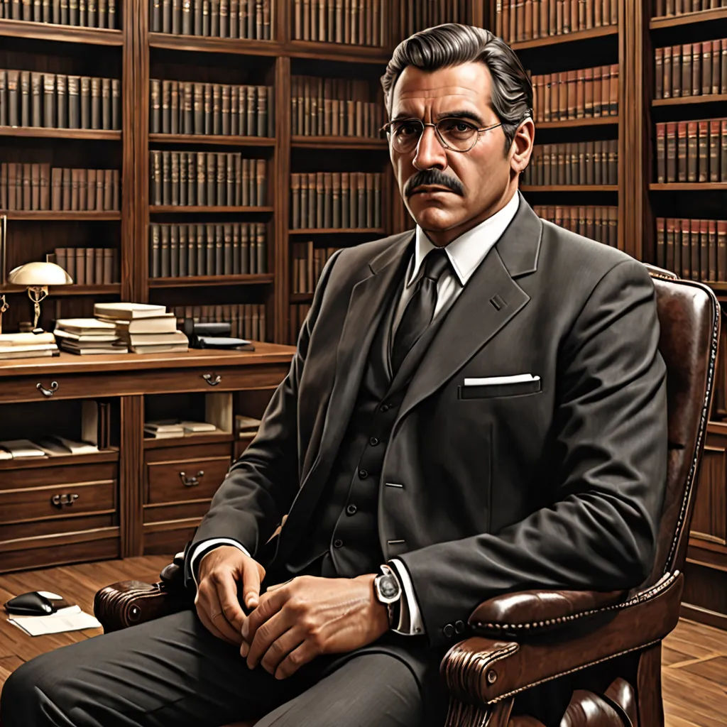 a man in a suit sitting in a chair in a library with a bookcase full of books behind him, Anthony Palumbo, classical realism, a character portrait, vfx