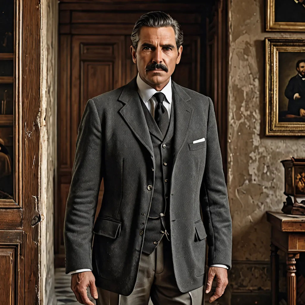 a man in a suit and tie standing in a room with paintings on the wall and a table with a lamp, Francesco Cozza, arts and crafts movement, a character portrait, promotional image