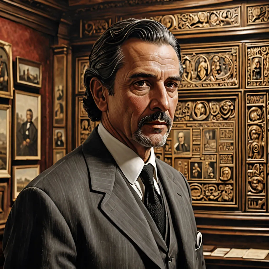 a man in a suit and tie standing in front of a wall of portraits of men in suits and ties, Donato Giancola, arts and crafts movement, an ultrafine detailed painting, highly detailed digital painting
