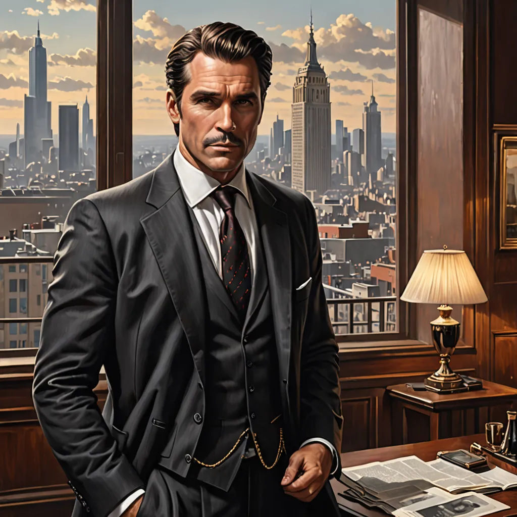 a man in a suit standing in front of a desk with a lamp and a picture of a city, Edwin Georgi, american realism, an ultrafine detailed painting, highly detailed digital painting