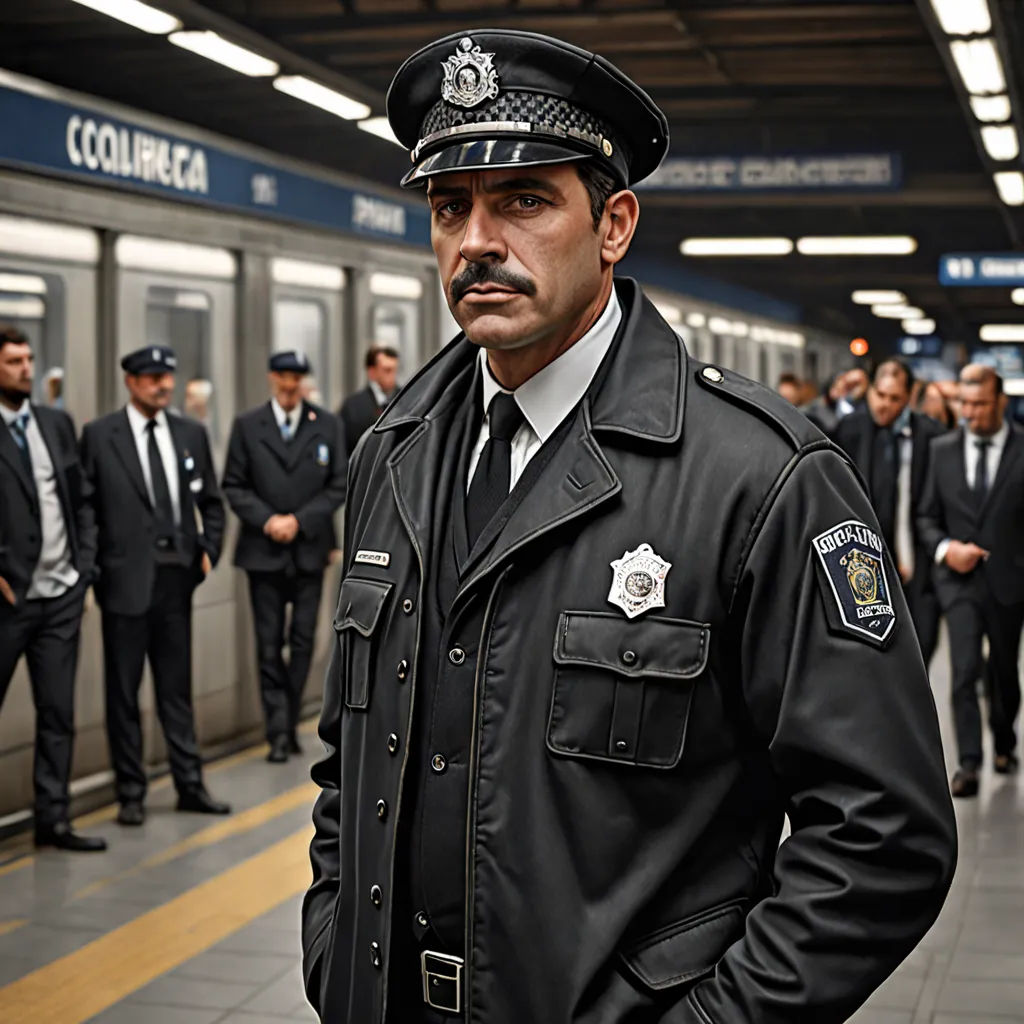 a man in a police uniform standing in a subway station with other men in suits and ties standing around, Cristache Gheorghiu, massurrealism, a poster, promotional image