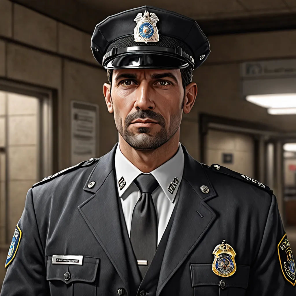 a man in a police uniform standing in a hallway with a building in the background and a sign on the wall, Eddie Mendoza, photorealism, a character portrait, ultra realistic digital art