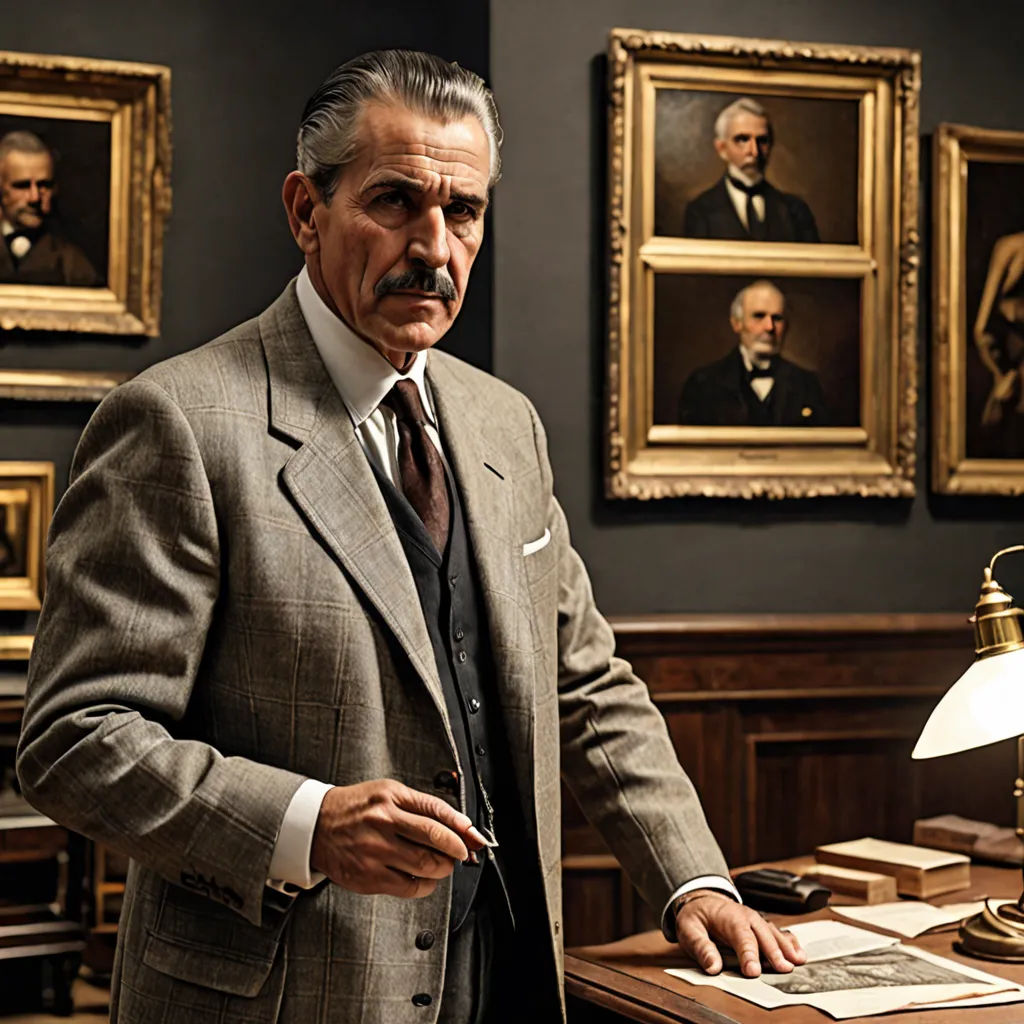 a man in a suit standing in front of a desk with a lamp and pictures on the wall behind him, Art Green, arts and crafts movement, a painting, promotional image