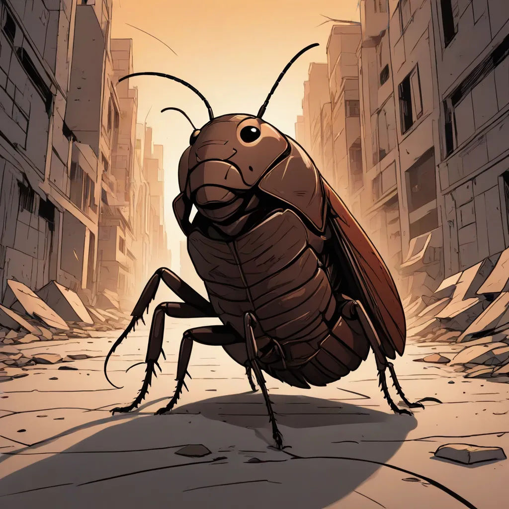 a bug that is standing in the middle of a street with buildings in the background and a person walking by, underground comix, a comic book panel, Asaf Hanuka, laurie greasley