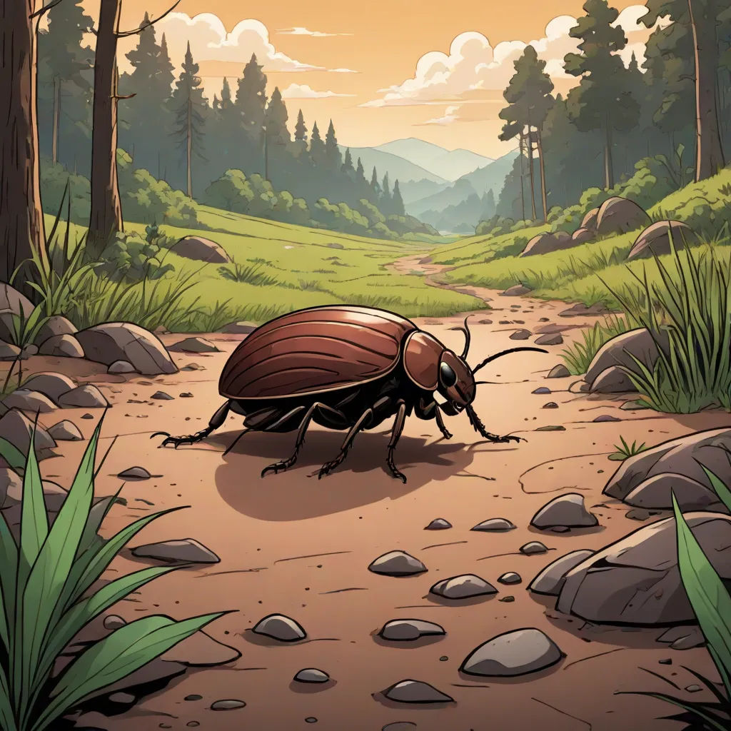 a bug crawling on a dirt road in a forest with rocks and grass and trees in the background, with a sunset in the distance, environmental art, a storybook illustration, Dan Mumford, official art