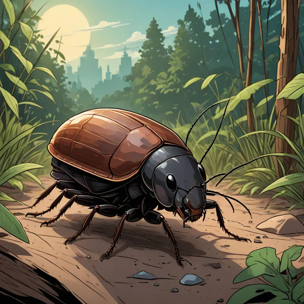 a bug crawling on a dirt ground in a forest with tall grass and trees in the background, with a sun setting behind it, sots art, an illustration of, Dan Mumford, official art