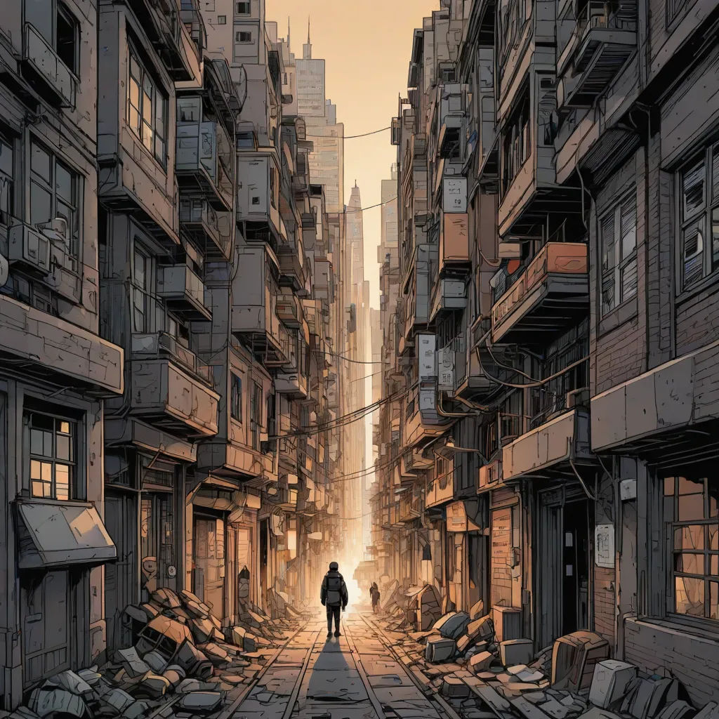 a man walking down a street between tall buildings in a city with rubble everywhere on the ground and a person standing in the middle, underground comix, a comic book panel, Asaf Hanuka, laurie greasley
