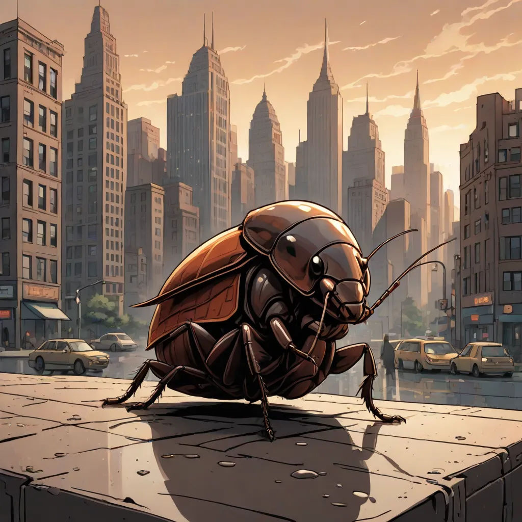 a bug sitting on top of a roof in front of a city skyline with tall buildings and a few cars, underground comix, a comic book panel, Dan Mumford, comic cover art