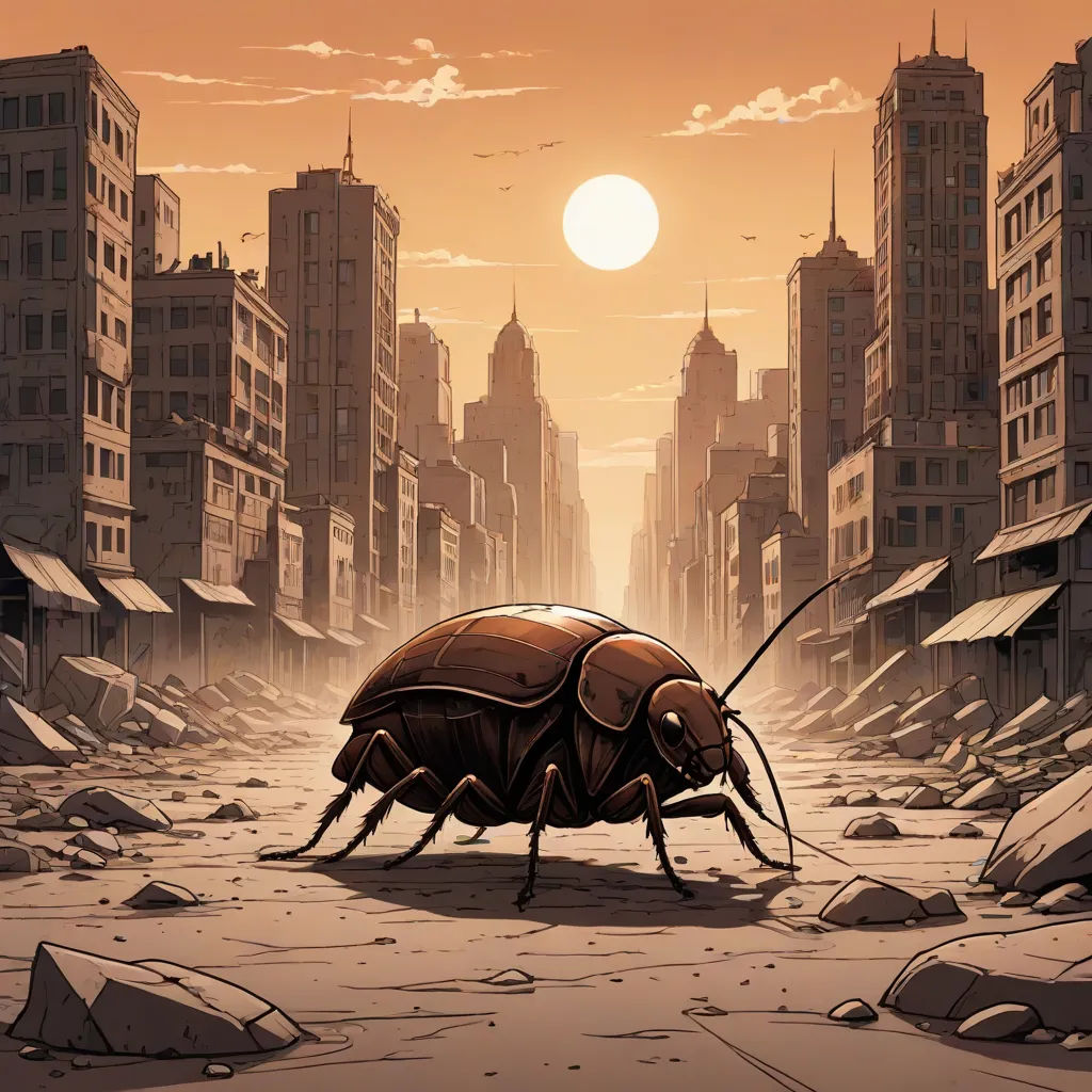 a bug crawling in a city street at sunset or dawn with buildings in the background and a sun setting, underground comix, a comic book panel, Dan Mumford, promotional image