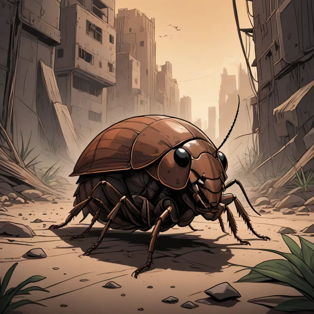 a bug crawling in a dirty city street with buildings in the background and birds flying overhead in the sky, sots art, a character portrait, Ada Gladys Killins, official art