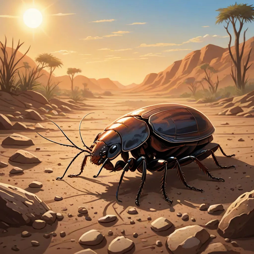 a bug crawling on a rocky surface in the desert at sunset or dawn with a palm tree in the background, primitivism, an illustration of, Dan Mumford, furaffinity