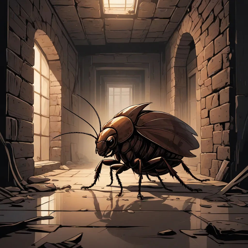 a bug crawling in a room with a light coming through the window and a brick wall behind it,, sots art, a storybook illustration, Dan Mumford, 2 d game art
