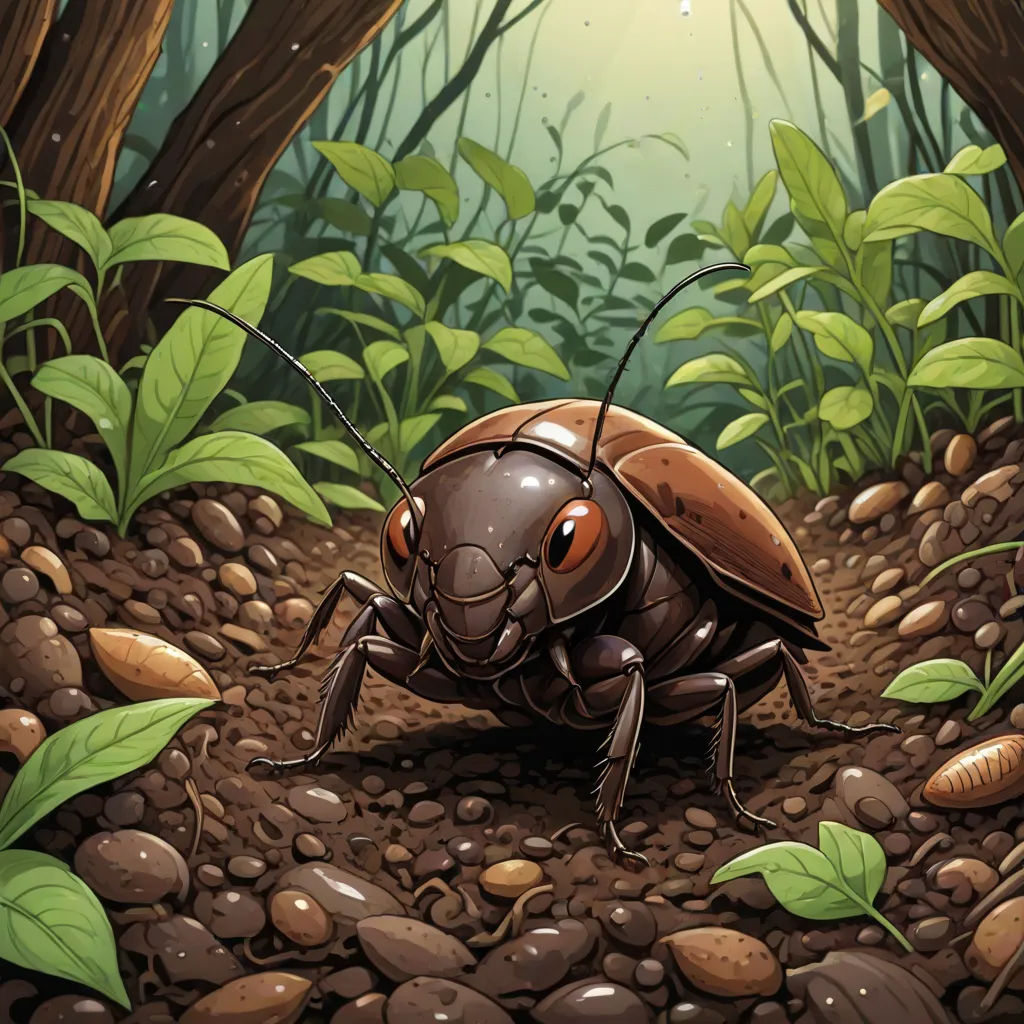 a bug crawling in the dirt near some rocks and plants in a forest with a sun shining through the trees, primitivism, a storybook illustration, Dan Mumford, magic the gathering artwork
