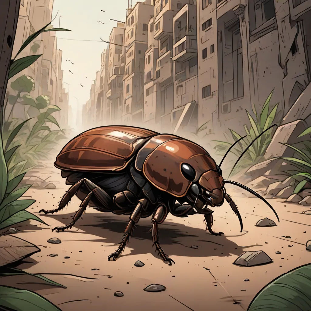 a bug is walking through a city street with buildings in the background and a person standing on the ground, environmental art, a comic book panel, Asaf Hanuka, laurie greasley
