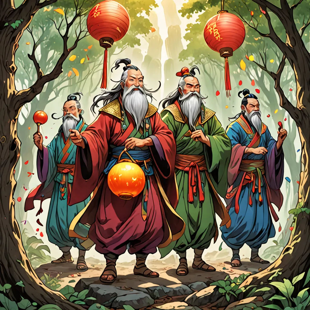 a group of chinese men standing in a forest with lanterns above them and a ball in the foreground, Fan Qi, fantasy art, a comic book panel, rossdraws global illumination