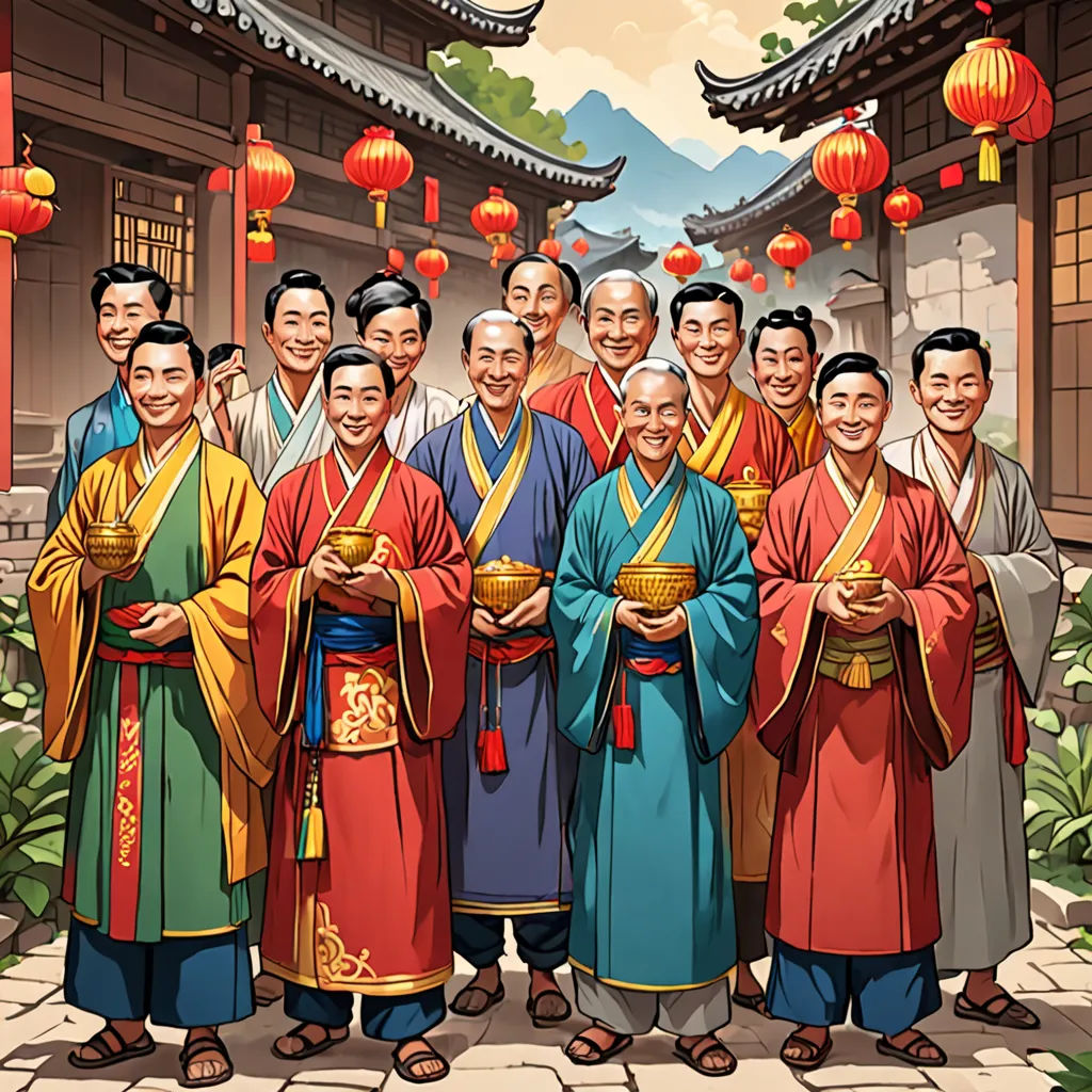 a group of people standing next to each other in front of a building with lanterns on it and a sky background, Ding Guanpeng, lyco art, a jigsaw puzzle, official art