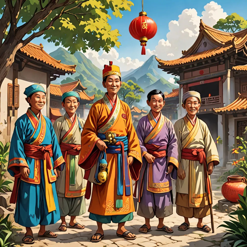a painting of a group of people standing in front of a building with a lantern hanging from the ceiling, Chris LaBrooy, american scene painting, a storybook illustration, orientalism